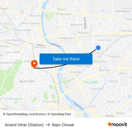 Anand Vihar (Station) to Rajiv Chowk map