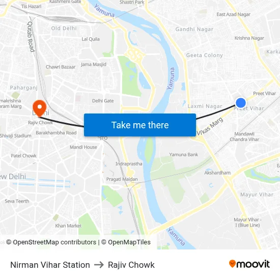 Nirman Vihar Station to Rajiv Chowk map