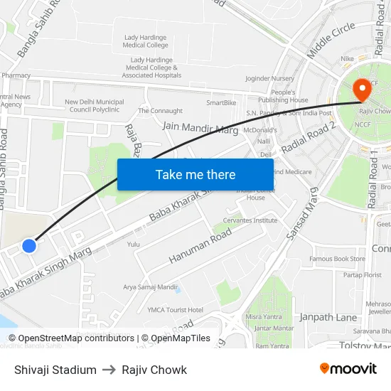 Shivaji Stadium to Rajiv Chowk map
