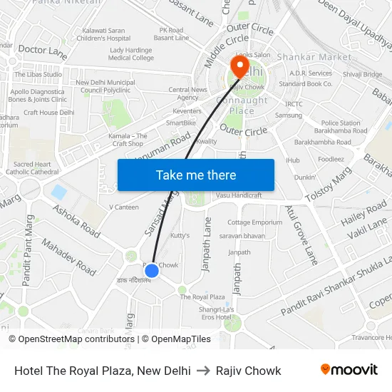 Hotel The Royal Plaza, New Delhi to Rajiv Chowk map