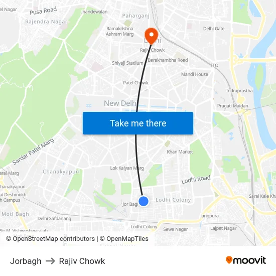 Jorbagh to Rajiv Chowk map