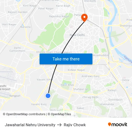 Jawaharlal Nehru University to Rajiv Chowk map