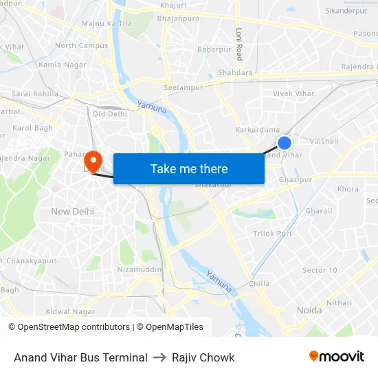 Anand Vihar Bus Terminal to Rajiv Chowk map
