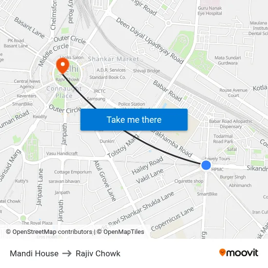 Mandi House to Rajiv Chowk map
