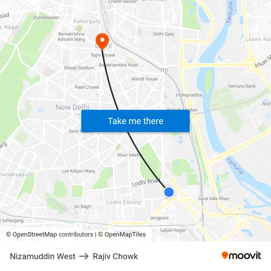 Nizamuddin West to Rajiv Chowk map
