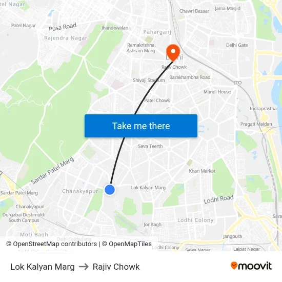 Lok Kalyan Marg to Rajiv Chowk map