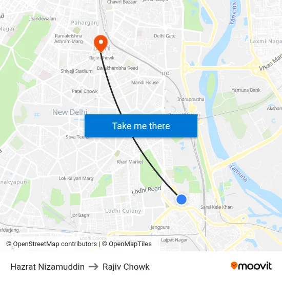 Hazrat Nizamuddin to Rajiv Chowk map