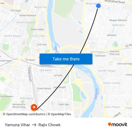 Yamuna Vihar to Rajiv Chowk map