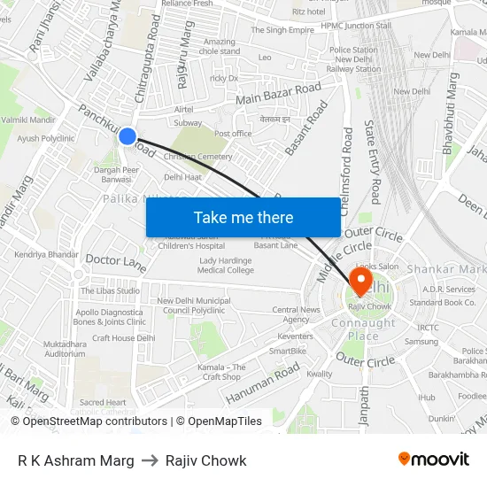 R K Ashram Marg to Rajiv Chowk map
