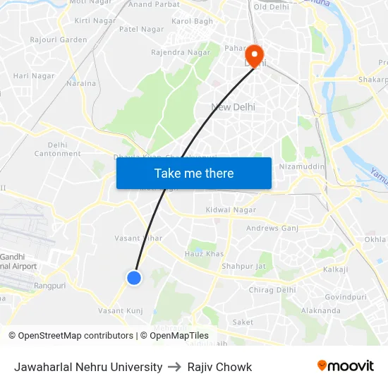 Jawaharlal Nehru University to Rajiv Chowk map