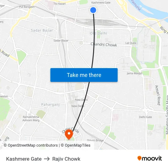 Kashmere Gate to Rajiv Chowk map