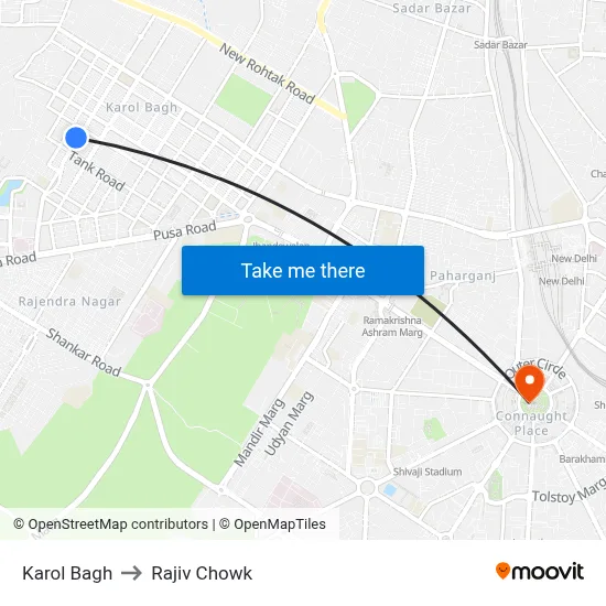 Karol Bagh to Rajiv Chowk map