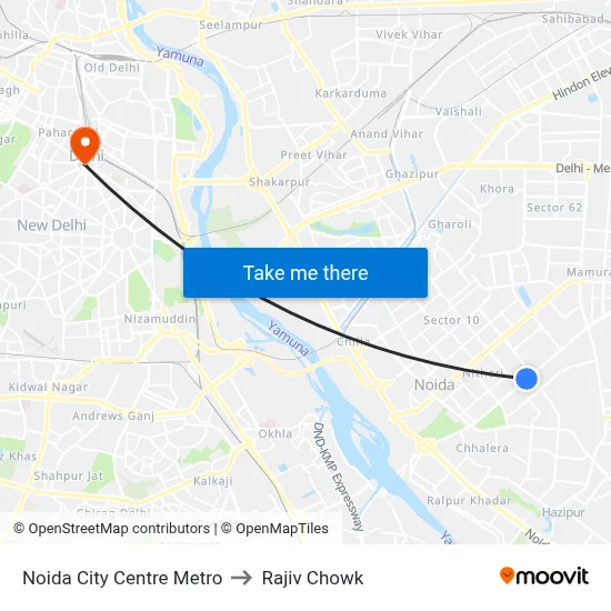 Noida City Centre Metro to Rajiv Chowk map