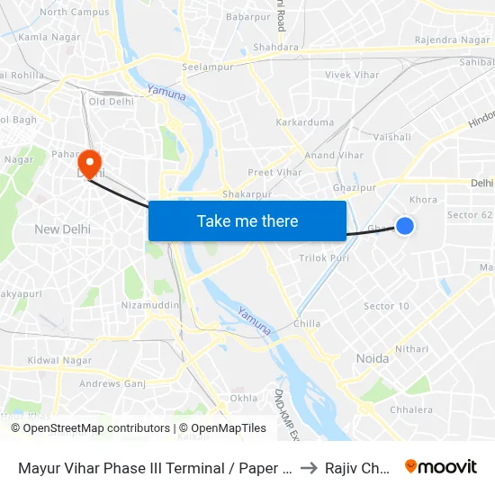 Mayur Vihar Phase III Terminal / Paper Market to Rajiv Chowk map