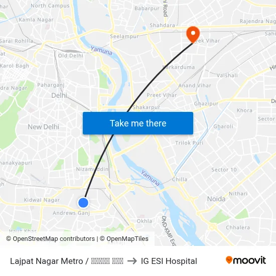 Lajpat Nagar Metro / लाजपत नगर to IG ESI Hospital map