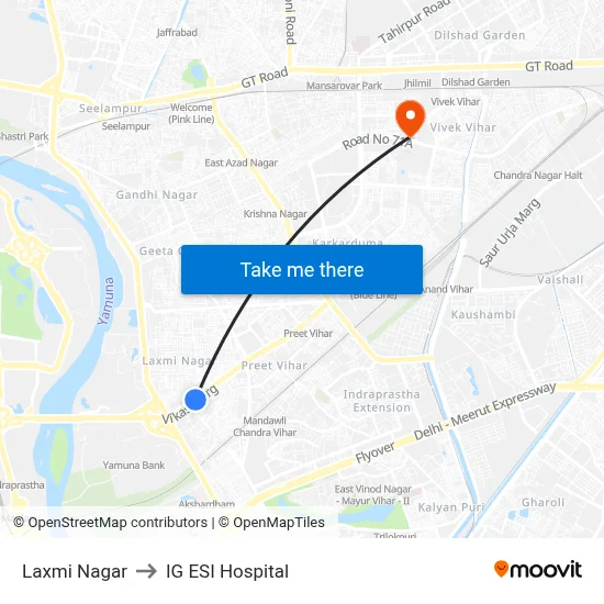 Laxmi Nagar to IG ESI Hospital map