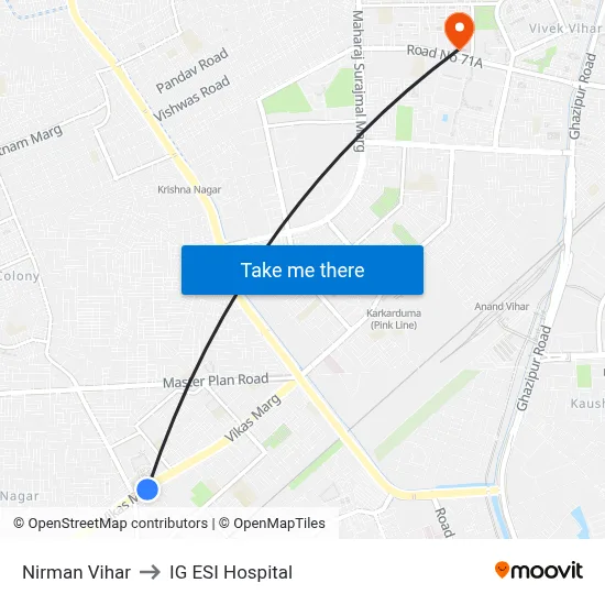 Nirman Vihar to IG ESI Hospital map