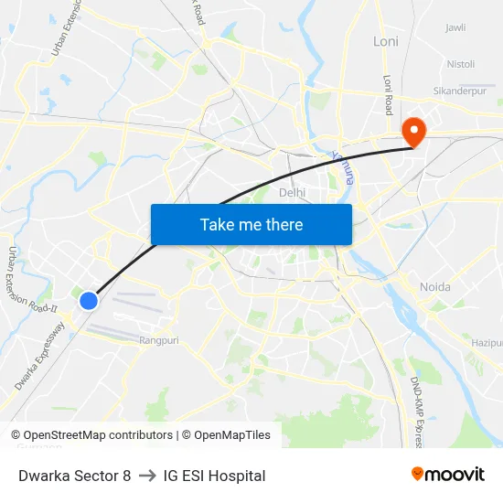 Dwarka Sector 8 to IG ESI Hospital map