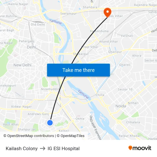 Kailash Colony to IG ESI Hospital map