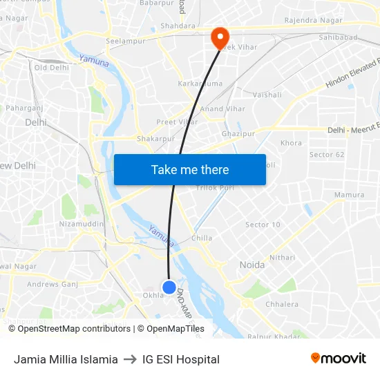 Jamia Millia Islamia to IG ESI Hospital map