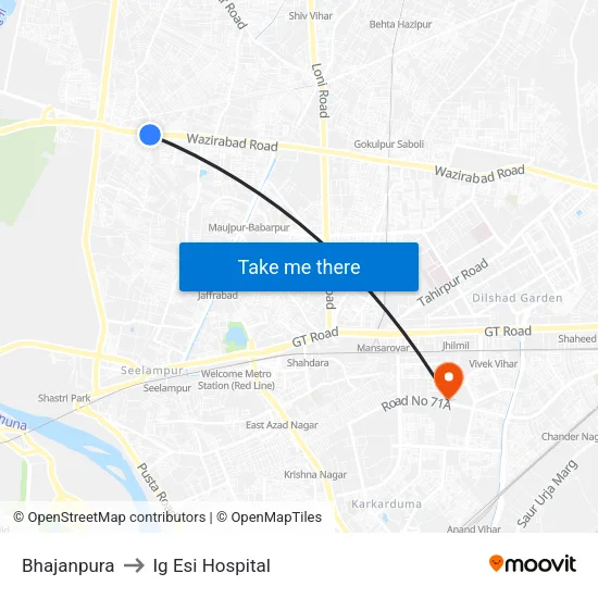 Bhajanpura to Ig Esi Hospital map