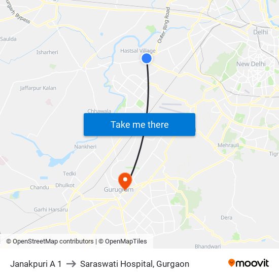 Janakpuri A 1 to Saraswati Hospital, Gurgaon map