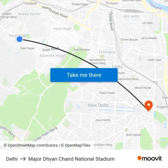 Delhi to Major Dhyan Chand National Stadium map