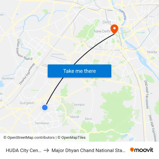 HUDA City Centre to Major Dhyan Chand National Stadium map