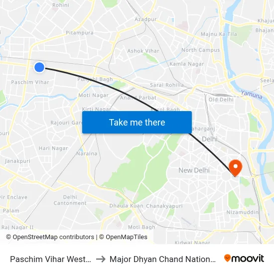 Paschim Vihar West Station to Major Dhyan Chand National Stadium map