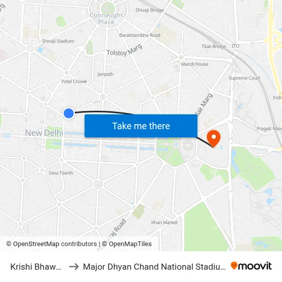 Krishi Bhawan to Major Dhyan Chand National Stadium map