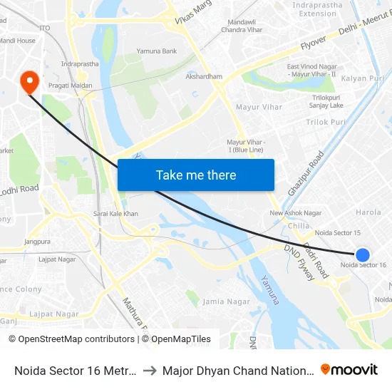 Noida Sector 16 Metro Station to Major Dhyan Chand National Stadium map