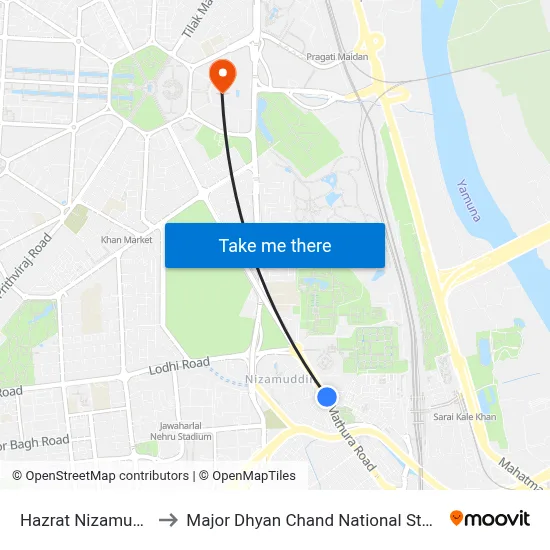Hazrat Nizamuddin to Major Dhyan Chand National Stadium map