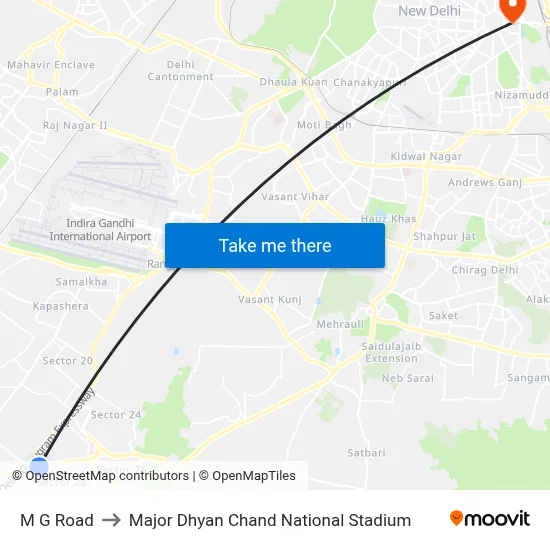M G Road to Major Dhyan Chand National Stadium map