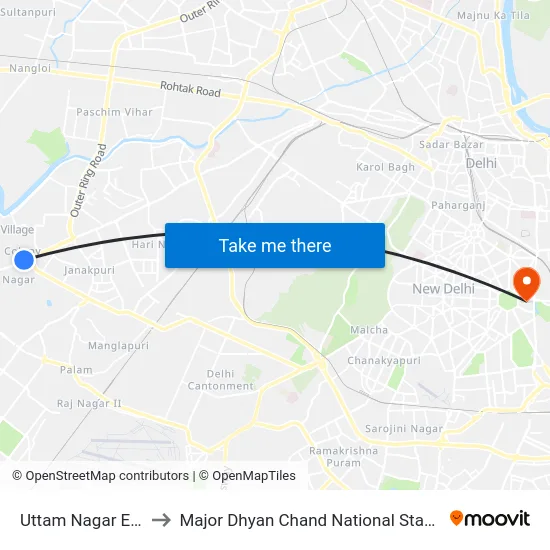 Uttam Nagar East to Major Dhyan Chand National Stadium map