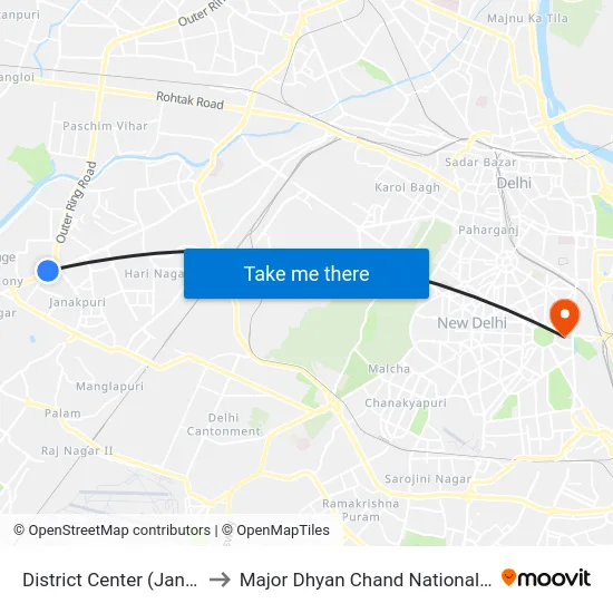 District Center (Janakpuri) to Major Dhyan Chand National Stadium map