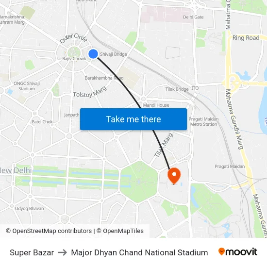 Super Bazar to Major Dhyan Chand National Stadium map
