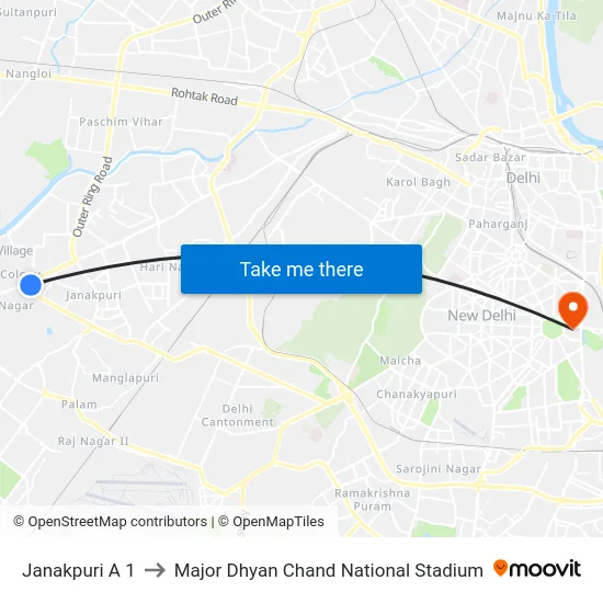 Janakpuri A 1 to Major Dhyan Chand National Stadium map
