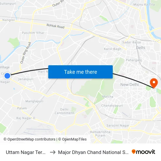 Uttam Nagar Terminal to Major Dhyan Chand National Stadium map