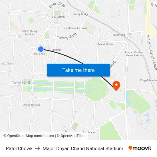 Patel Chowk to Major Dhyan Chand National Stadium map