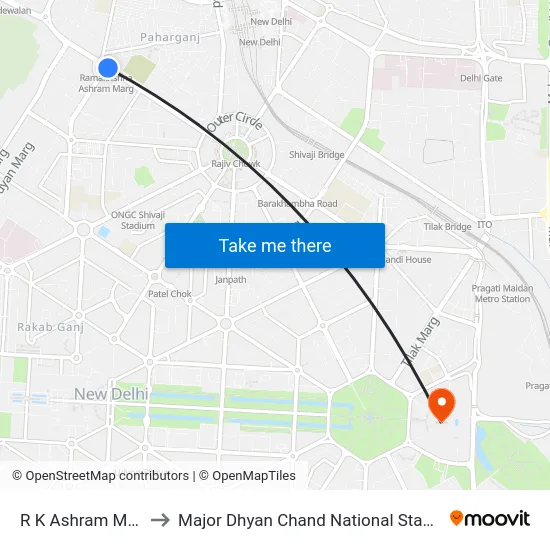R K Ashram Marg to Major Dhyan Chand National Stadium map