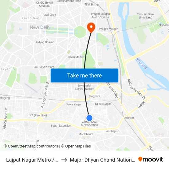 Lajpat Nagar Metro / लाजपत नगर to Major Dhyan Chand National Stadium map