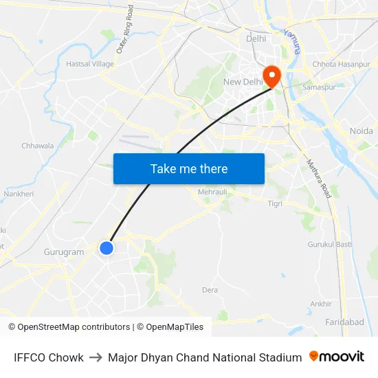 IFFCO Chowk to Major Dhyan Chand National Stadium map