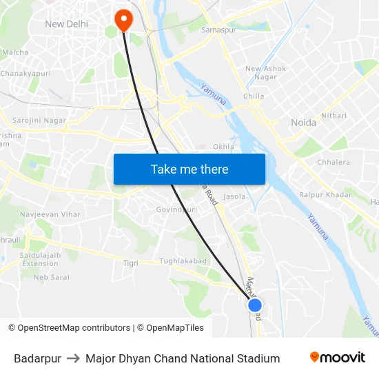 Badarpur to Major Dhyan Chand National Stadium map