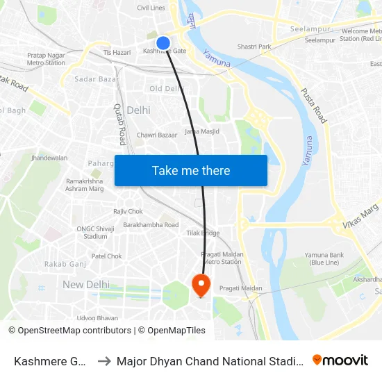 Kashmere Gate to Major Dhyan Chand National Stadium map