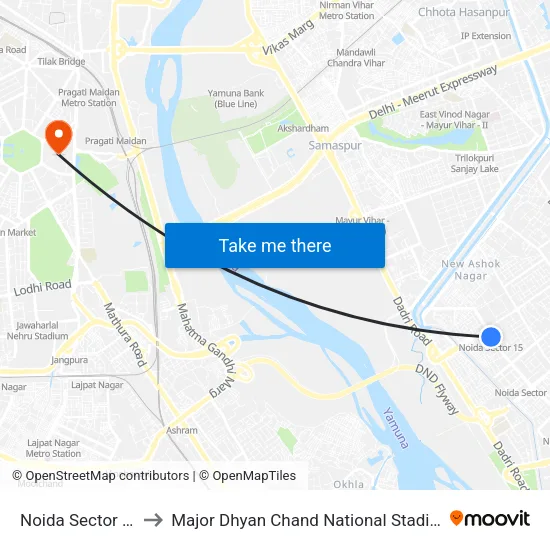 Noida Sector 15 to Major Dhyan Chand National Stadium map