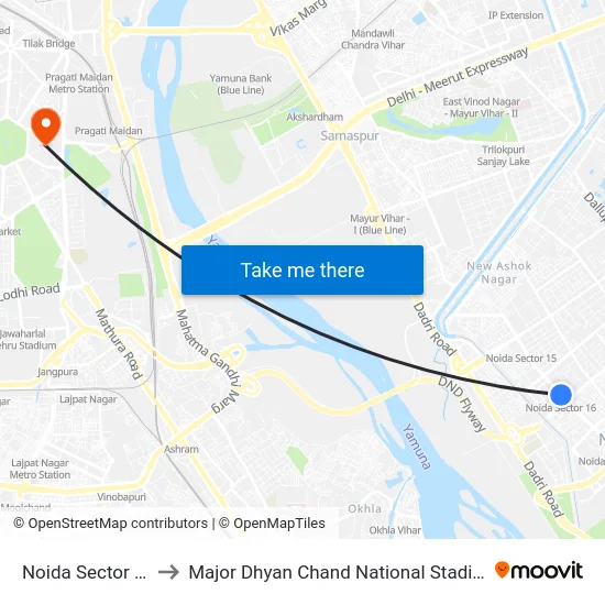Noida Sector 16 to Major Dhyan Chand National Stadium map