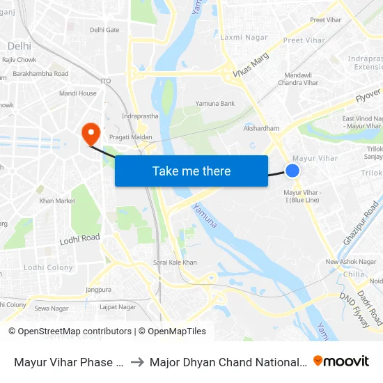 Mayur Vihar Phase 1 X-Ing to Major Dhyan Chand National Stadium map