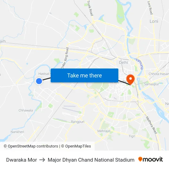 Dwaraka Mor to Major Dhyan Chand National Stadium map