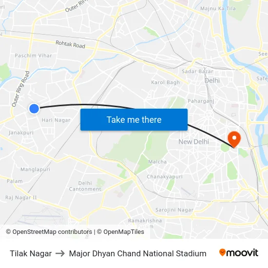 Tilak Nagar to Major Dhyan Chand National Stadium map