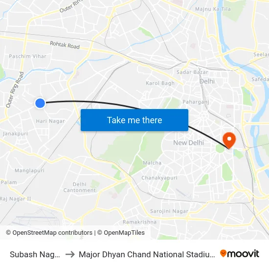 Subash Nagar to Major Dhyan Chand National Stadium map